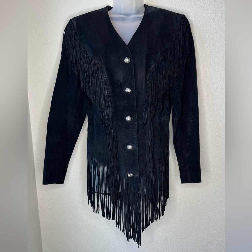 Cripple Creek Fringe Suede Leather Jacket M Black Western Boho Concho Buttons